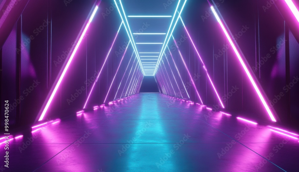 an abstract futuristic background with neon lines and reflections on the floor in purple and blue colors Generative AI