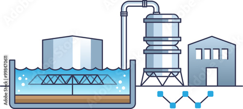 Illustration of a water treatment plant showing tanks, pipes, and a building, representing the process of dirty water treatment.