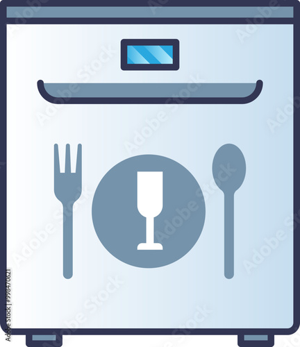 Illustration of a dishwasher with symbols of a fork, spoon, and glass, representing kitchen cleanliness and convenience.