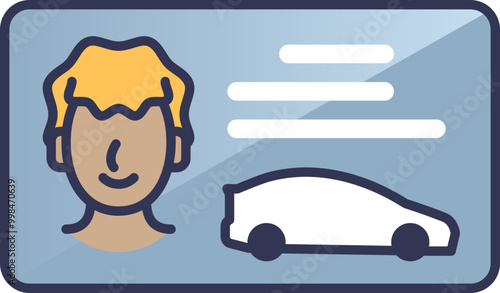 Illustration of a driver's license with a person's portrait and a car icon, symbolizing identification and driving privileges.