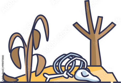 Illustration of drought with dead plants, dry soil, and animal skeleton symbolizing severe water scarcity.