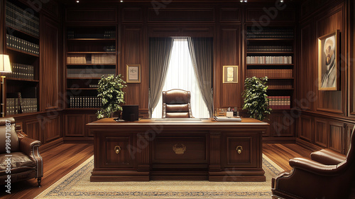 A home office styled as a royal council chamber, with large wooden desk and regal furnishings, representing professional authority. Concept of work.