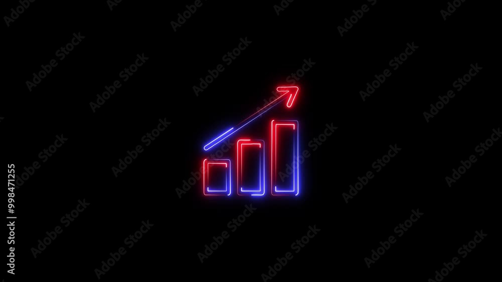 Glowing neon upward chart trend sign, rise arrow bars. Financial forecast, rise in shares, growth level, increase profit motion animation. Glowing neon upward chart trend sign, rise arrow bars. Financial forecast, rise in shares, growth level, increase profit motion animation.
