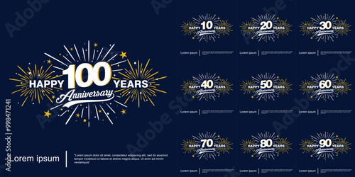 Set of 10-100th years happy anniversary celebration emblem logo with fireworks, sparkle, twinkle and stars. vector illustration template design for web, flyers, poster, invitation, greeting