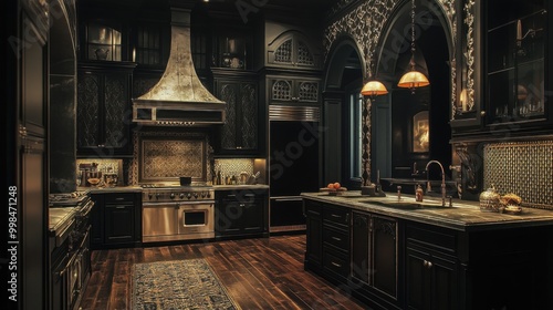 Gothic modern kitchen showcasing pointed arch cabinets and ornate tile work. Perfectly lit preparation area for Italian pastina with a rich, moody ambiance. High-resolution design. photo