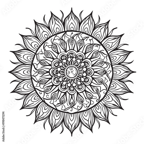 Vector illustration of a black and white mandala sun for coloring book, sole mandala in bianco e nero da colorare vettoriale