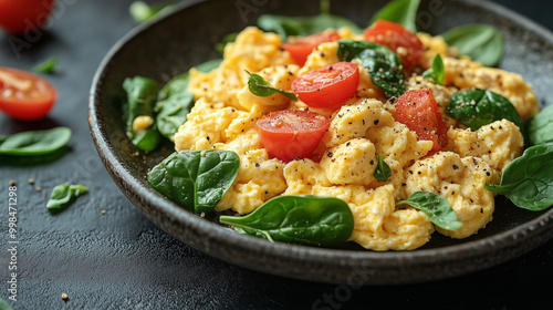 A vibrant bowl of scrambled eggs with fresh spinach and cherry tomatoes, showcasing a healthy and colorful breakfast option.