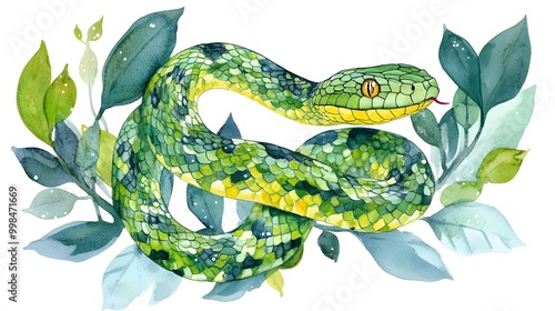 Watercolor Painting of a Green Snake on White Background, Abstract Image, Texture, Pattern Background, Wallpaper, Cover and Screen of Smartphone, PC, Laptop, 9:16 and 16:9 Format photo