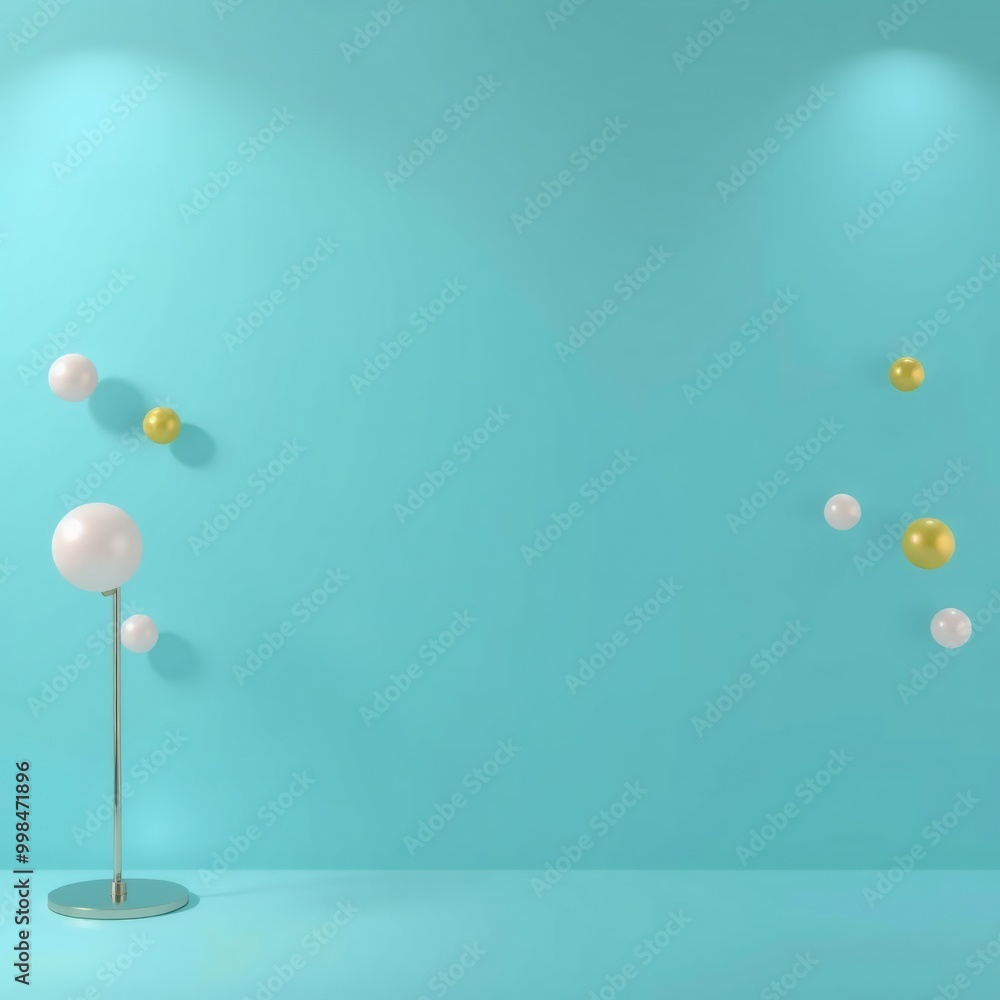 Minimalist blue background with white and gold spheres, featuring a single metal stand. Minimalist blue background with white and gold spheres, featuring a single metal stand.