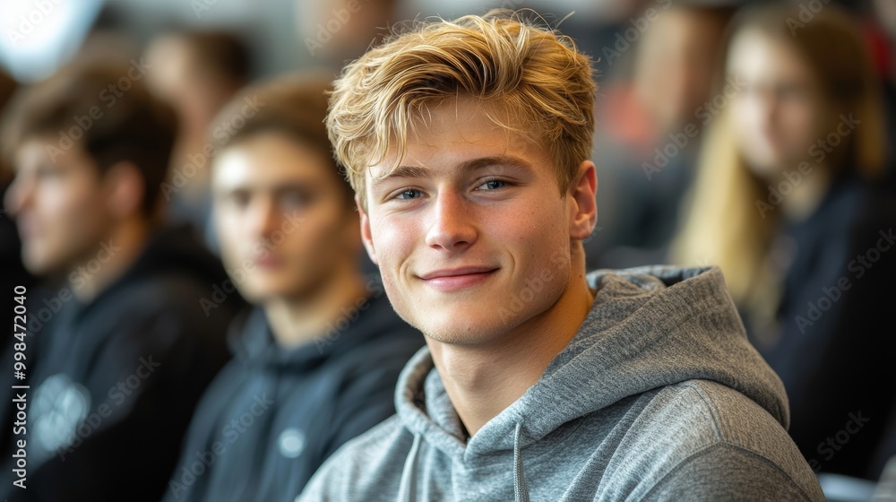 The portrait is of a white blond-haired nordic caucasian student in a college lecture hall with a smile on her face The portrait is of a white blond-haired nordic caucasian student in a college lecture hall with a smile on her face