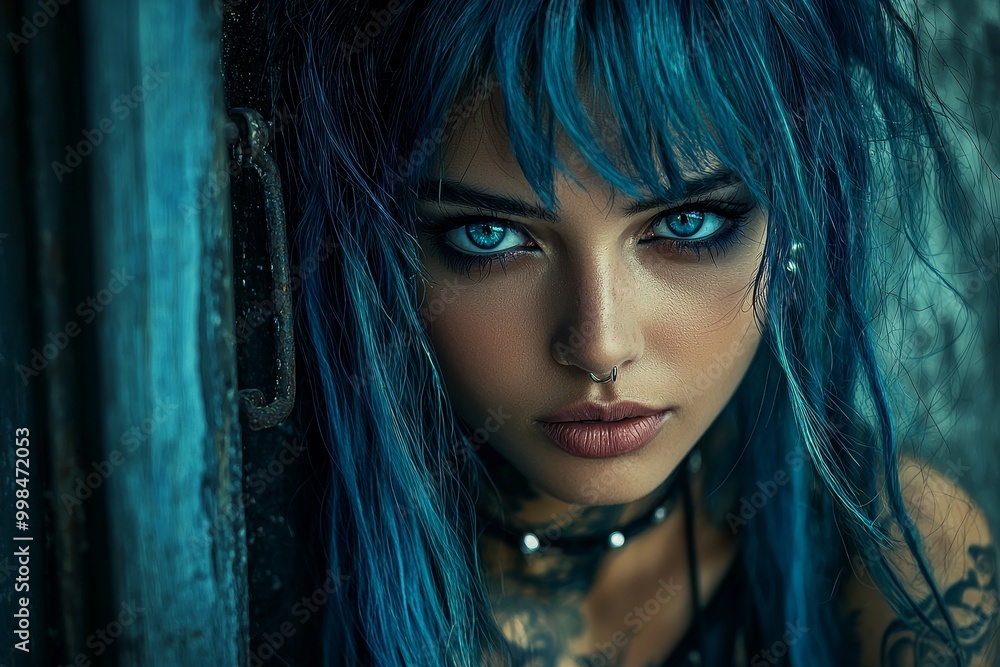 An image of a young woman with blue long hair dressed as an elf or a wizard An image of a young woman with blue long hair dressed as an elf or a wizard