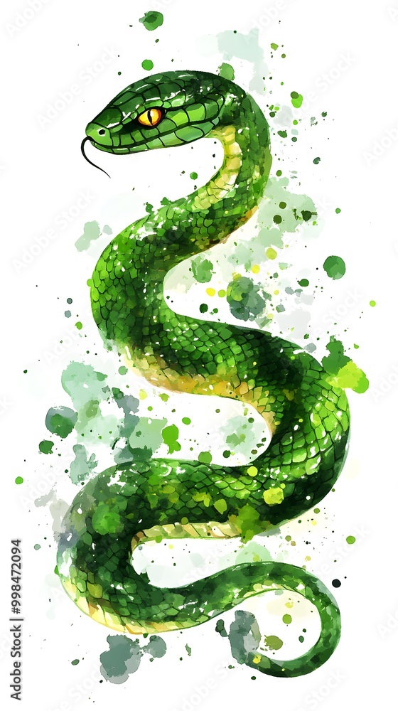 Naklejka premium Watercolor Painting of a Green Snake on White Background, Abstract Image, Texture, Pattern Background, Wallpaper, Cover and Screen of Smartphone, PC, Laptop, 9:16 and 16:9 Format