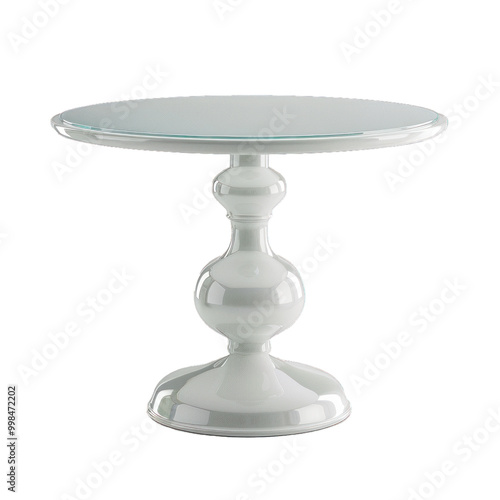 Round dining table with glossy white lacquered wooden base and round glass top on white background