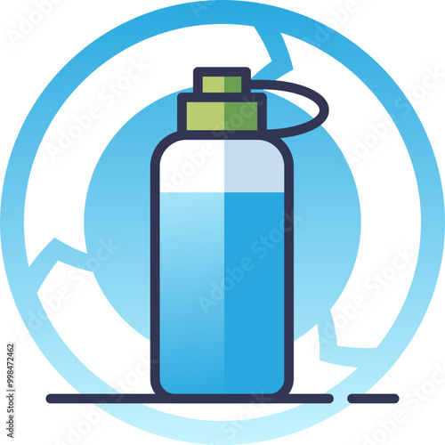 Illustration of a reusable water bottle with a recycling symbol, emphasizing sustainability and eco-friendliness.