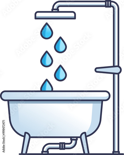 Illustration of a bathtub with a showerhead and water droplets, symbolizing a running shower and bath.