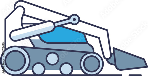 Illustration of a robotic skid steer loader with a mechanical arm and bucket, symbolizing automation in construction and earthmoving.