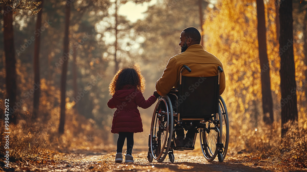 Happy black african american disabled father in a wheelchair with daughter. Candid dad and child bonding in a nature. Father's Day concept banner. Interracial diverse family. AI generated Happy black african american disabled father in a wheelchair with daughter. Candid dad and child bonding in a nature. Father's Day concept banner. Interracial diverse family. AI generated