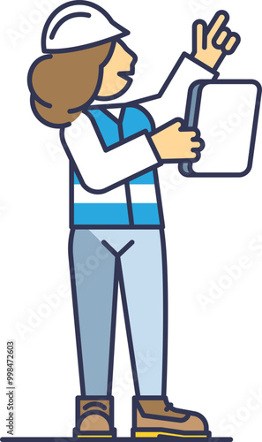 Illustration of a technician wearing a helmet, vest, and holding a clipboard, pointing upwards, symbolizing inspection and safety.