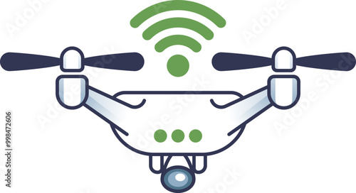 Illustration of a surveillance drone with camera and signal waves, symbolizing remote monitoring and aerial surveillance.