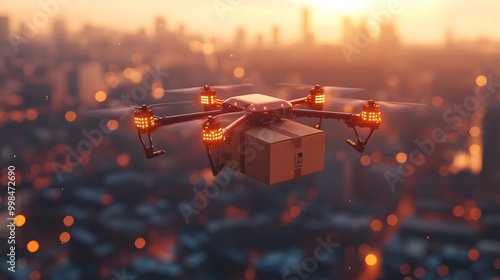 Drone delivering a package above a blurred cityscape during golden hour, highlighting futuristic delivery service and modern logistics within an urban landscape.