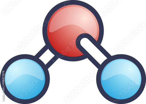 Illustration of a water molecule with one oxygen atom and two hydrogen atoms, representing H2O structure.
