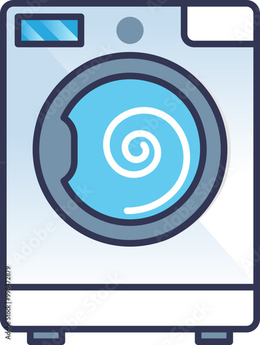 Illustration of a front-loading washing machine with a swirling water symbol, representing laundry and cleaning.