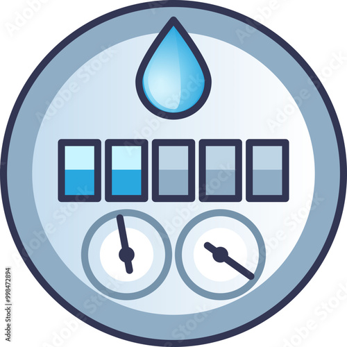 Illustration of a water usage meter with a water droplet, digital display, and dials, symbolizing water consumption tracking.