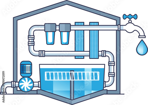 Illustration of a water treatment plant showing filtration, pipes, and a water tank, symbolizing clean water processing.
