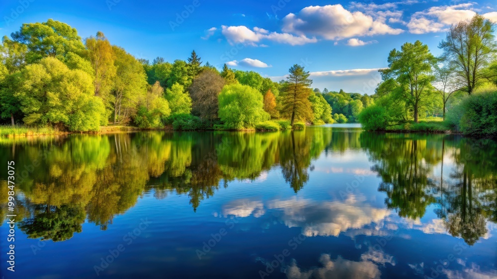 Obraz premium Tranquil lake landscape with reflections of surrounding trees, serene, peaceful, tranquil, calm, lake, water, reflection