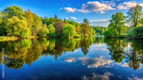 Tranquil lake landscape with reflections of surrounding trees, serene, peaceful, tranquil, calm, lake, water, reflection