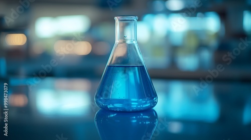 Laboratory setting featuring a glass Erlenmeyer flask with blue liquid, focusing on scientific experimentation and chemical research in a sterile environment.