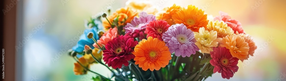A vibrant bouquet of multicolored flowers exhibits a lively and cheerful ambiance, ideal for use in floral arrangements, greeting cards, or decor