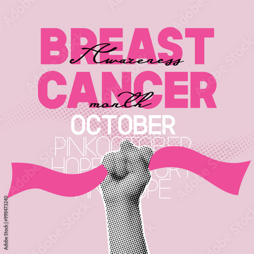 Breast Cancer awareness banner illustration. Halftone hands holding pink ribbons. Minimalist background with collage elements for mixed media design.