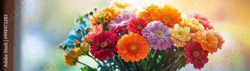 A vibrant bouquet of multicolored flowers exhibits a lively and cheerful ambiance, ideal for use in floral arrangements, greeting cards, or decor