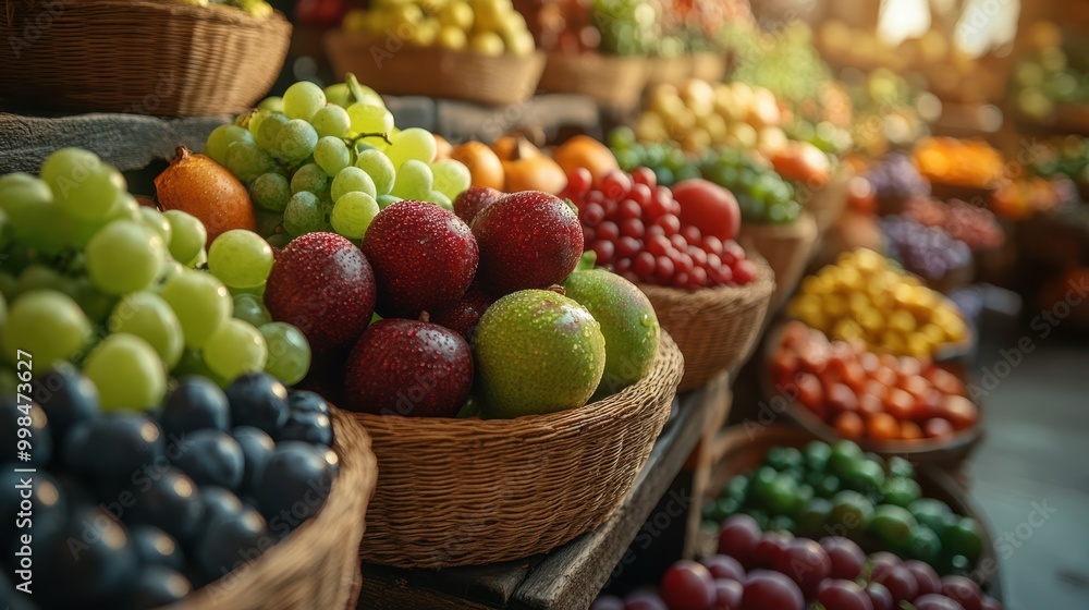 Vibrant display of fresh fruits in woven baskets, showcasing a variety of colors and textures, Ideal for use in food-related advertisements, nutrition blogs, or as decor in culinary settings, Vibrant display of fresh fruits in woven baskets, showcasing a variety of colors and textures, Ideal for use in food-related advertisements, nutrition blogs, or as decor in culinary settings,