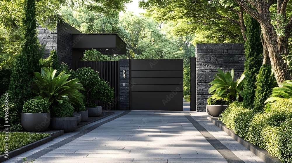 Modern black gate with sleek design and gray stone walls, surrounded by cypress trees and landscaped garden, capturing suburban home entrance and security aesthetics. Modern black gate with sleek design and gray stone walls, surrounded by cypress trees and landscaped garden, capturing suburban home entrance and security aesthetics.