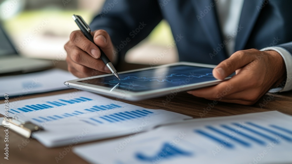 A thoughtful lawyer reviewing a financial graph on a tablet, with legal documents and a pen beside them, illustrating the intersection of law and finance in professional environments. A thoughtful lawyer reviewing a financial graph on a tablet, with legal documents and a pen beside them, illustrating the intersection of law and finance in professional environments.