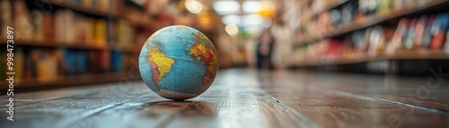 A globe rests on a wooden floor in a library, surrounded by colorful bookshelves, This image symbolizes education, exploration, and the world, making it suitable for articles, educational content