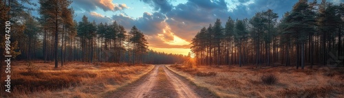 A serene forest path during sunset, with warm lighting casting soft shadows between tall trees and golden grass, ideal for nature-themed projects, travel articles, or relaxation content,