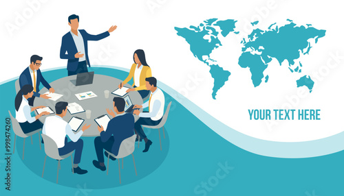 Business vector illustration template with copy space. Global trade, investment. International business. Business team next to the world map.

