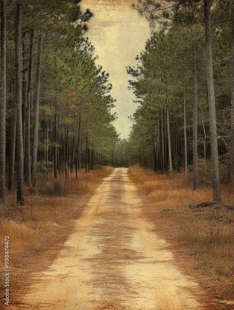 Fototapeta premium A serene dirt road winds through a tranquil forest, framed by tall pine trees and soft grass, Ideal for nature-themed projects, backgrounds, or travel brochures