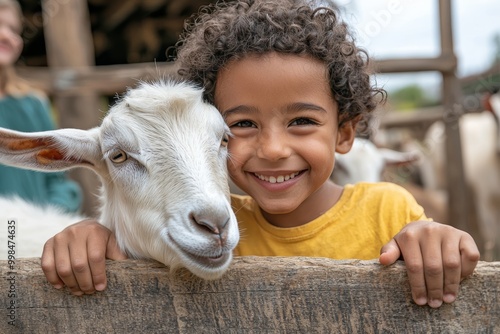Kids feeding goats in the petting zoo section, smiling and happy, stock photo style