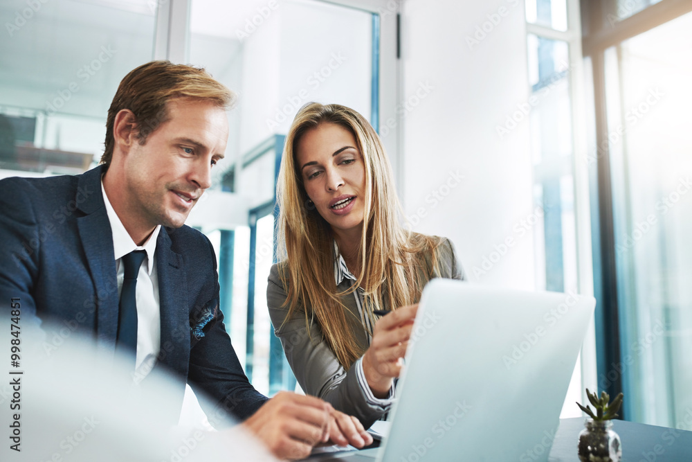 Man, woman or laptop in office for finance, business meeting or advice for company growth. Team, tech and discussion in workplace for review, brainstorming or budget planning for financial year end Man, woman or laptop in office for finance, business meeting or advice for company growth. Team, tech and discussion in workplace for review, brainstorming or budget planning for financial year end