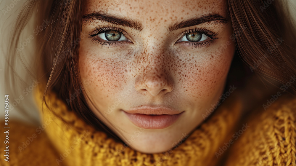 portrait of a woman with freckles in yellow sweater portrait of a woman with freckles in yellow sweater