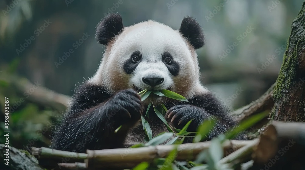 Close-up of a panda eating bamboo, cute and relaxed expression, stock photo style Close-up of a panda eating bamboo, cute and relaxed expression, stock photo style