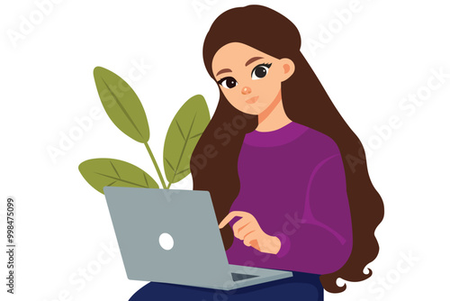 Young woman holding laptop computer against white background.. Flat vector illustration isolated on white background.