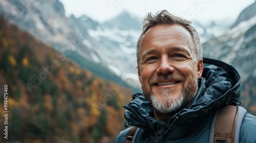 An outdoor portrait of a mature male in scenic mountains and forests in winter