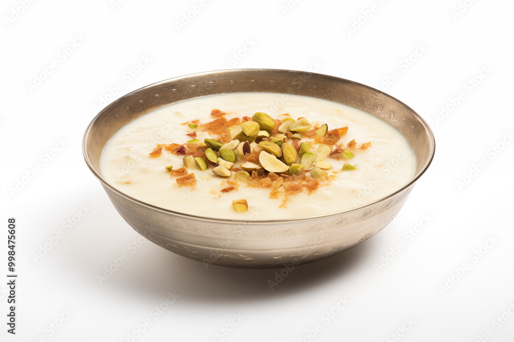 pakistani style creamy kheer with nuts and pistachos on white background pakistani style creamy kheer with nuts and pistachos on white background