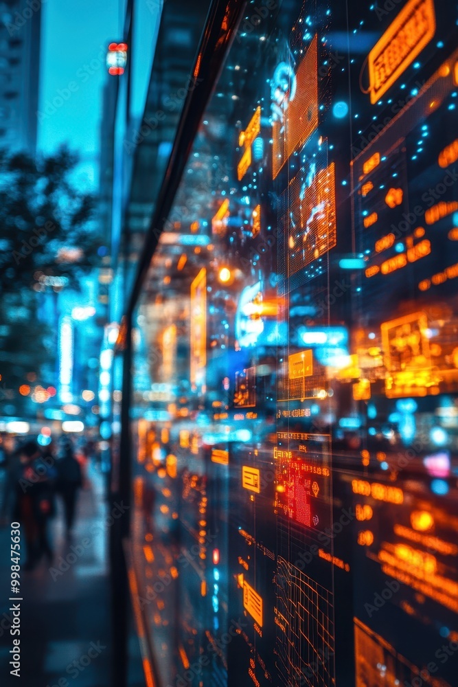 A close-up view of a digital display showcasing vibrant data visualization in a bustling urban setting, This image is suitable for technology, data analysis, or business-related content,