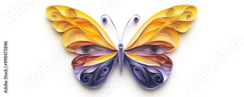 Paper quilling butterfly art with yellow, orange, and purple wings. photo